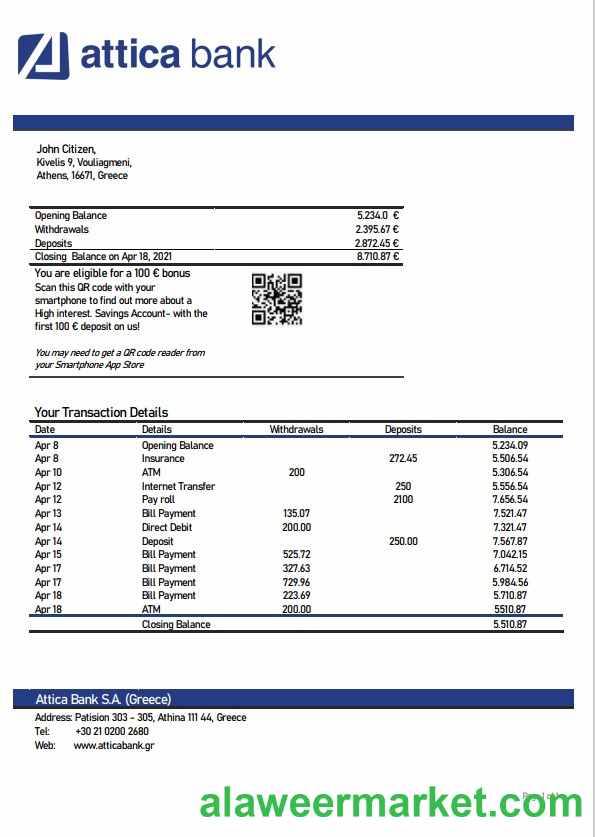 Greece Attica bank statement template, Word and PDF format